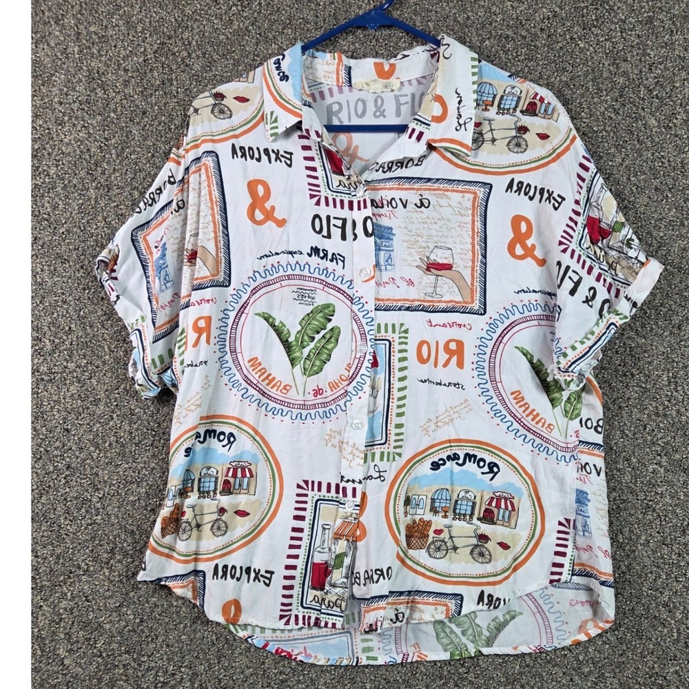 Sunburst Kiss‎ Button Down Womens Large White Travel Novelty Print Rayon Shirt